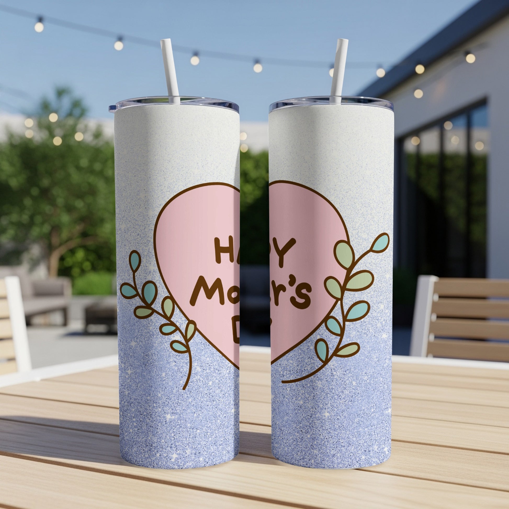 Two tall tumblers with pink hearts and "Happy Mother's Day" text.
