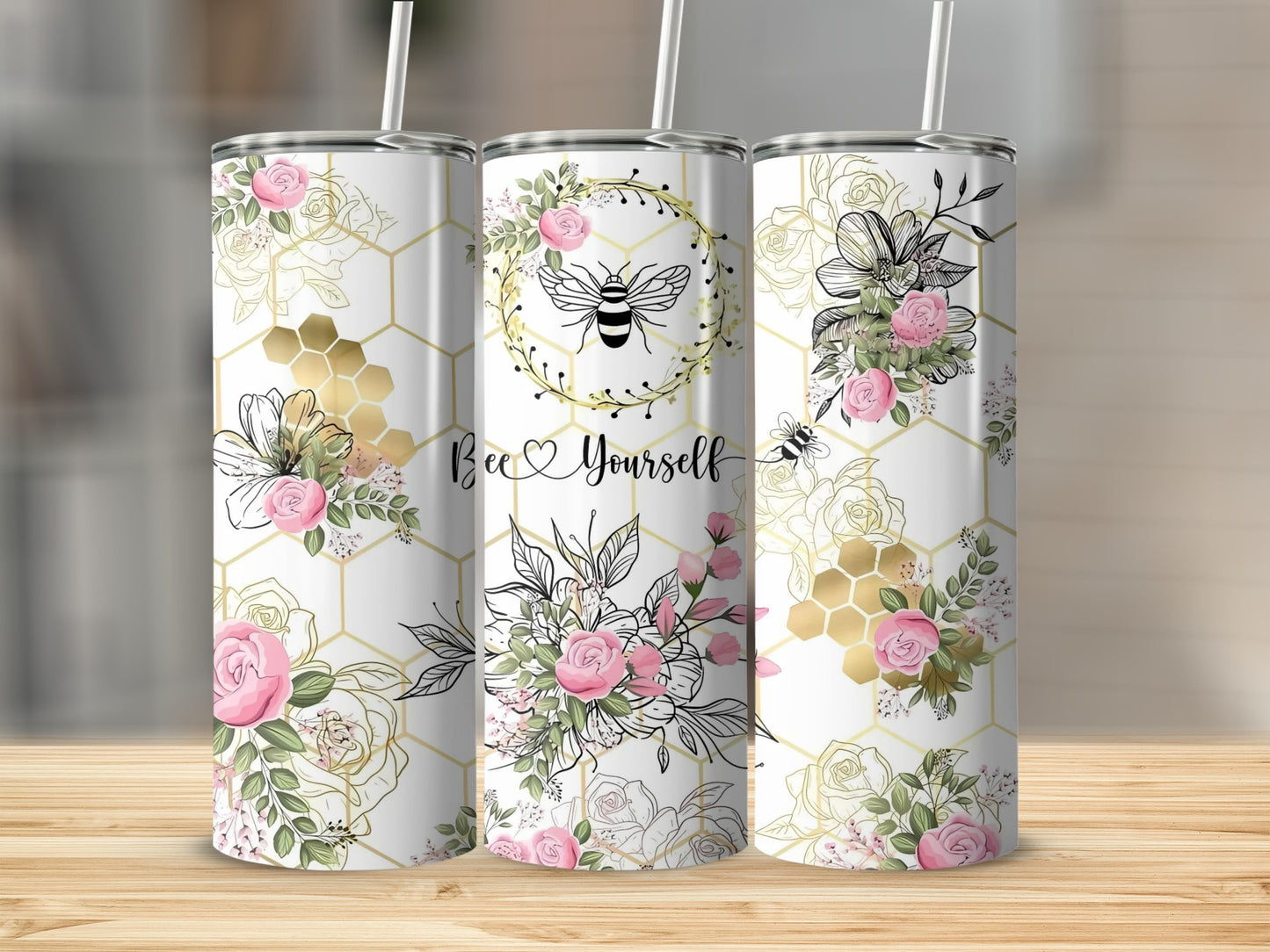 Floral Bee Printed Insulated Tumbler with Straw Cup
