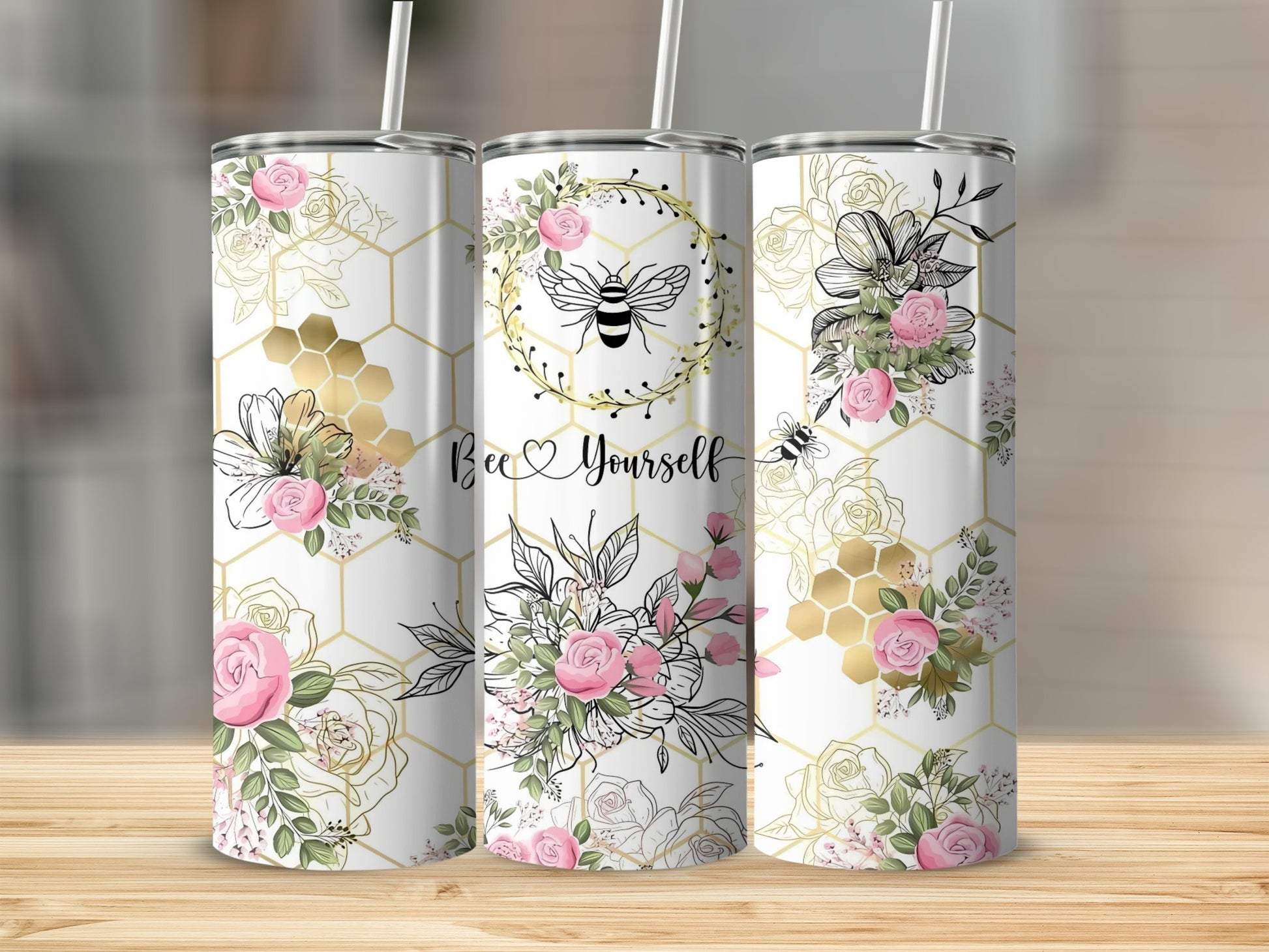 Floral Bee Printed Insulated Tumbler with Straw Cup