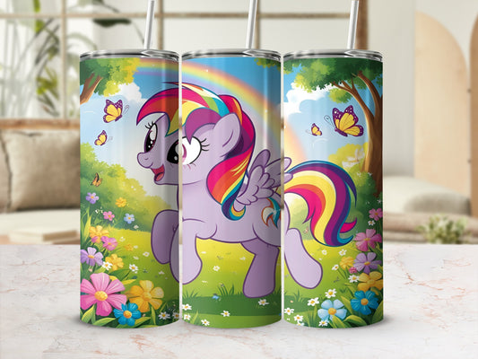 Rainbow Dash with colorful mane on a grassy field with flowers and butterflies.