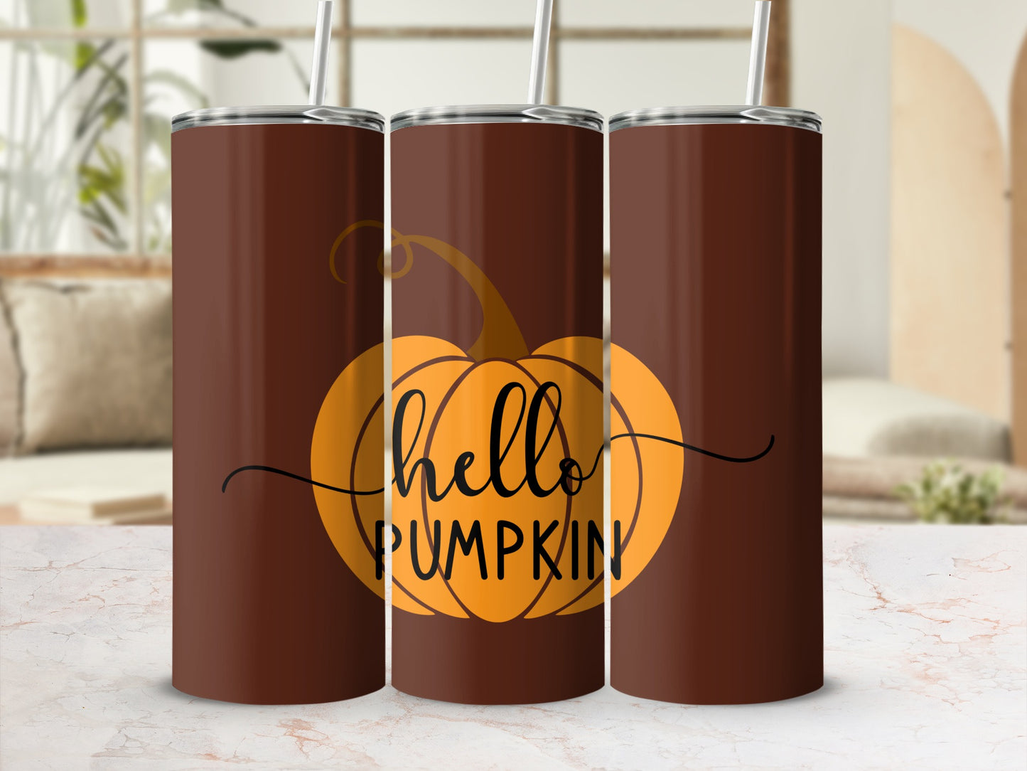 Three brown tumblers with "Hello Pumpkin" text and a pumpkin graphic.