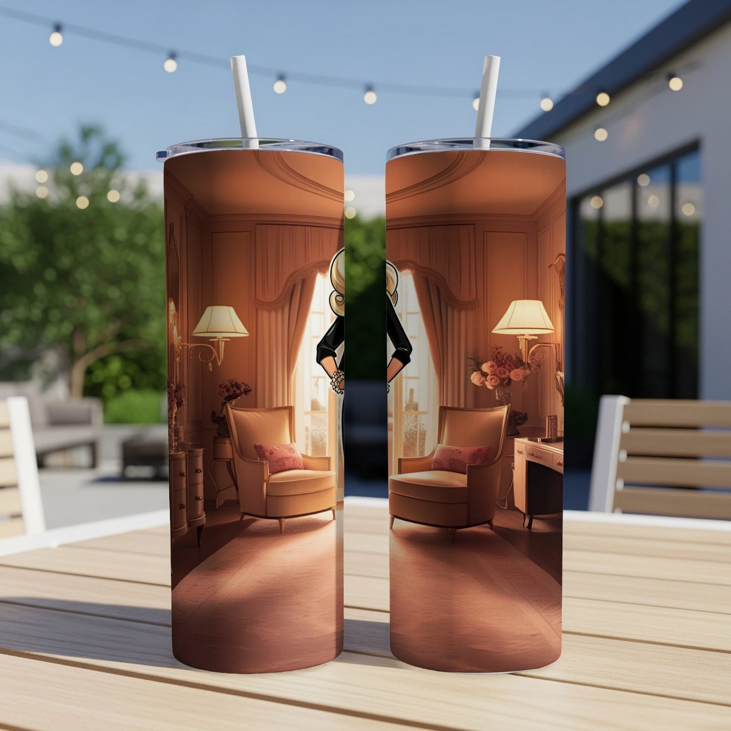 Two tumblers with illustration of a woman in a room with chairs and lamps.