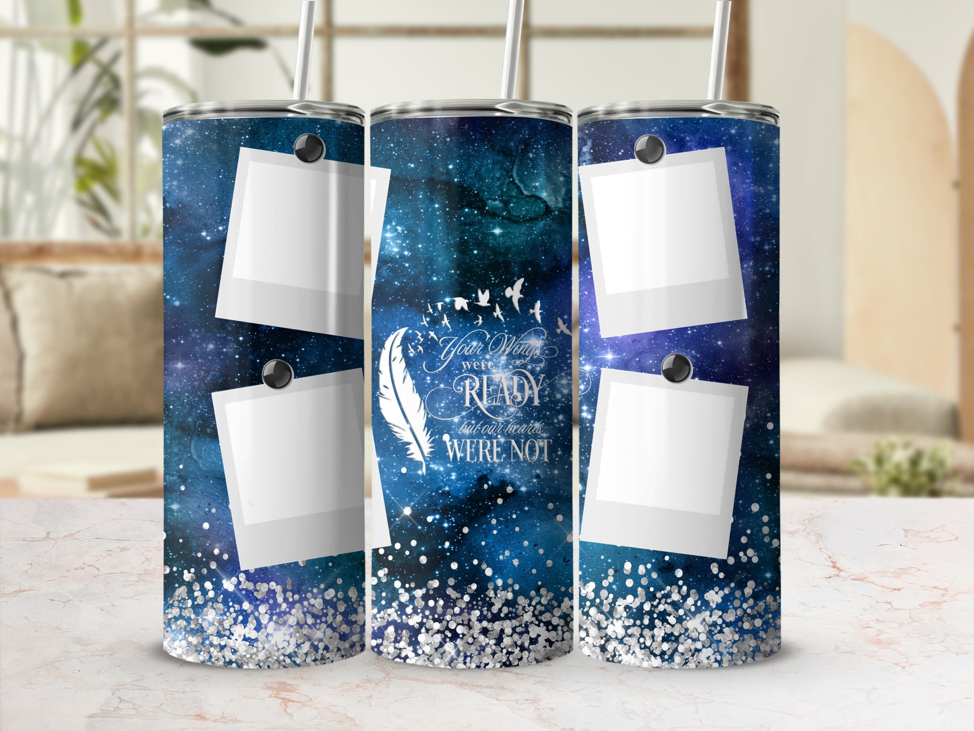Tumbler with galaxy design, blank photo frames, and text about wings.