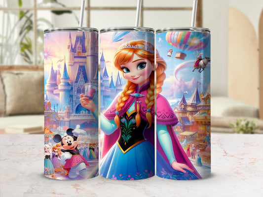 Anna from Frozen holding a drink with Mickey Mouse and castle background.