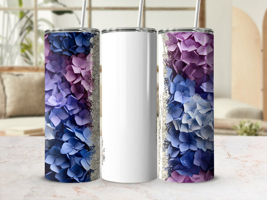 White tumbler with purple and blue hydrangea flowers and glitter accents.
