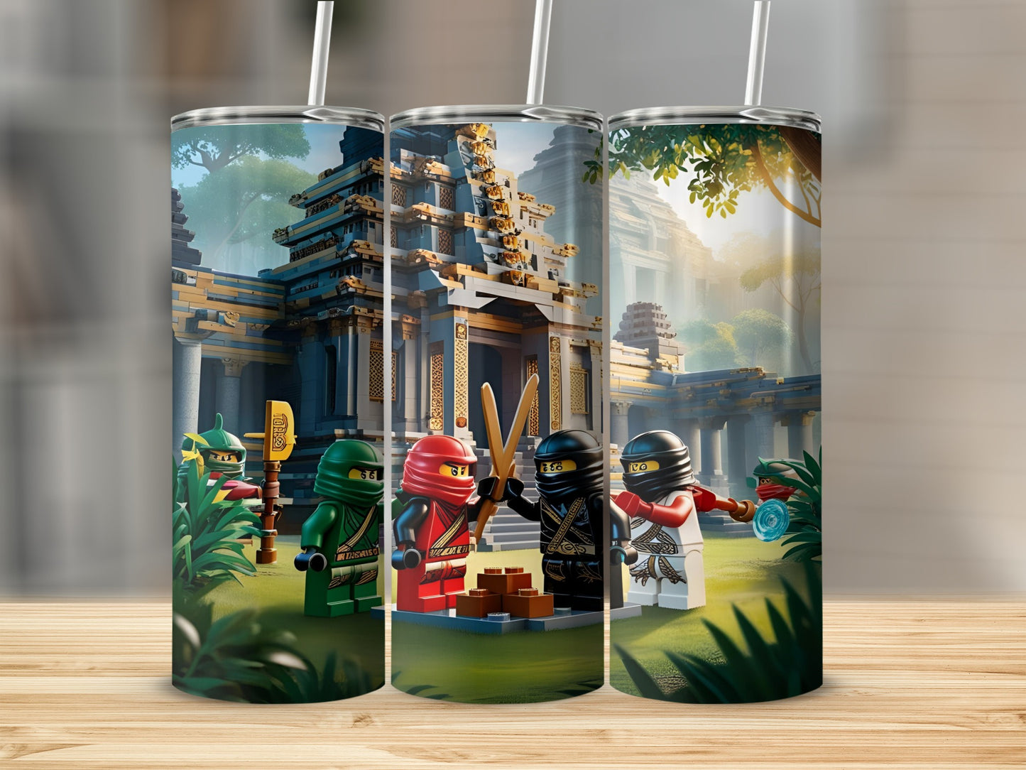 LEGO Ninjago characters in front of a temple, holding weapons.