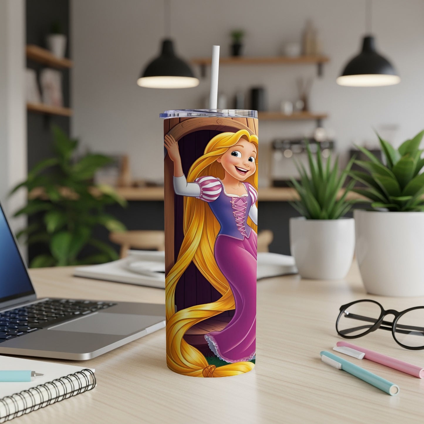 Rapunzel on a tumbler with her long blonde hair and a kitchen counter background.