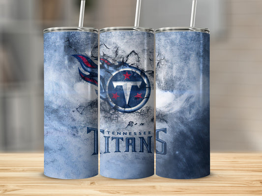 Tennessee Titans tumbler with distressed logo and text.