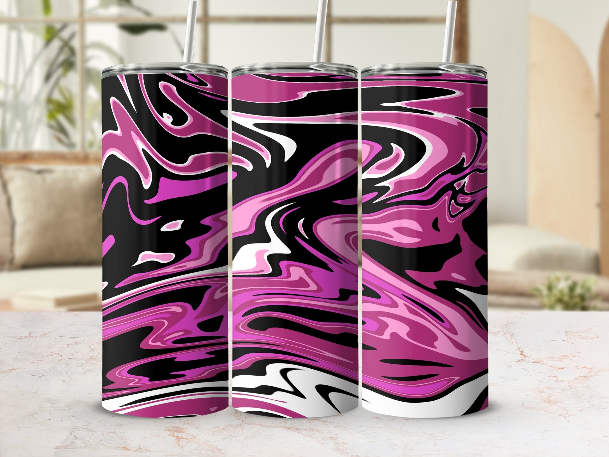 Vibrant Pink and Black Abstract Design Tumbler