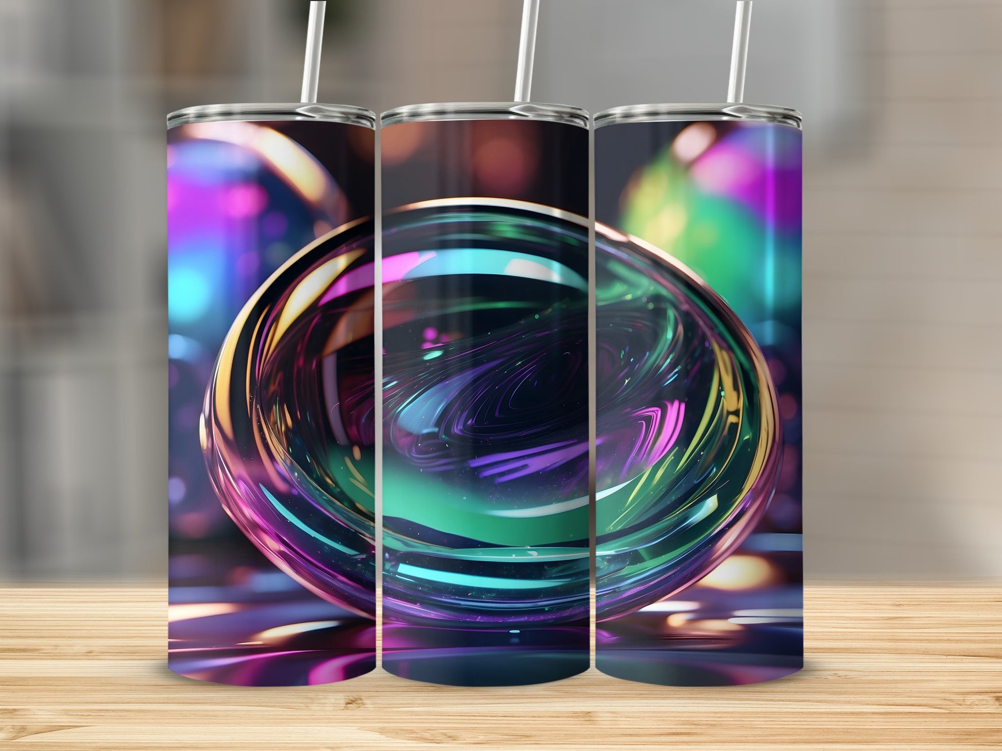 Three tumblers with iridescent, swirling glass orb design on wooden surface.