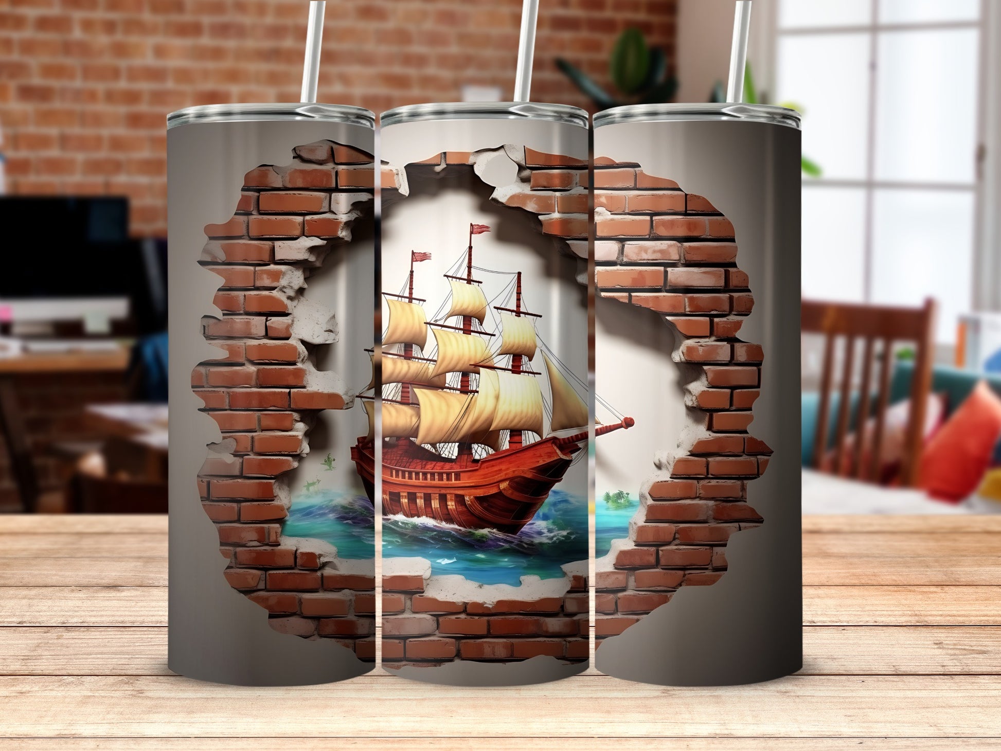 Vintage Wooden Ship Coming Through Brick Wall Tumbler