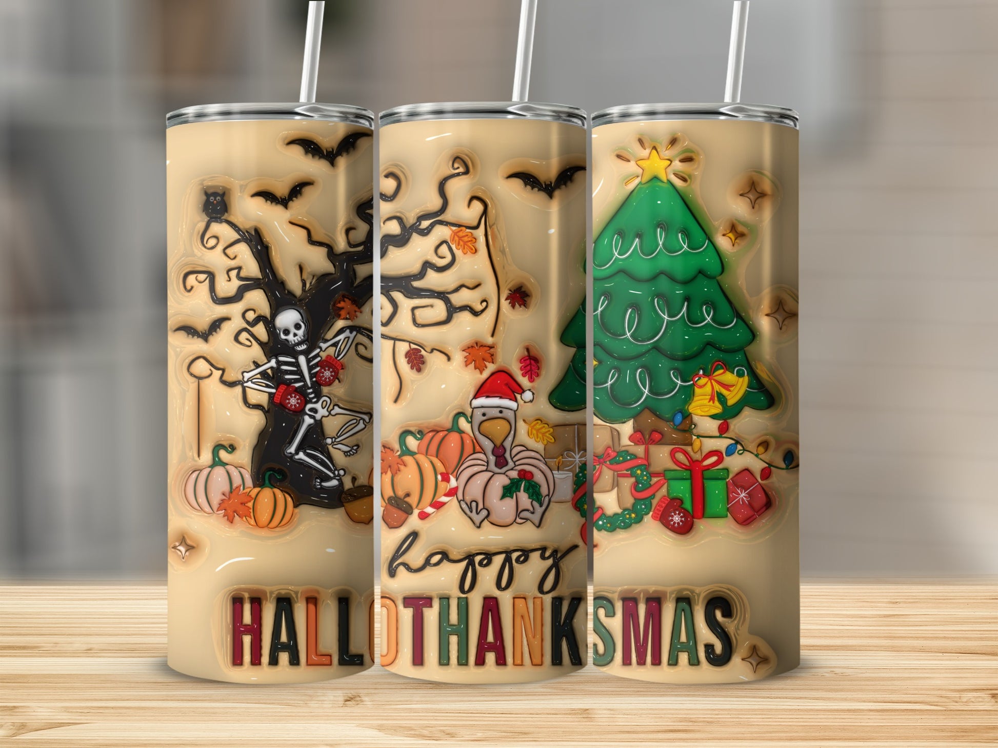 Happy Hallothanksmas Holiday Theme Tumblers Party Fun