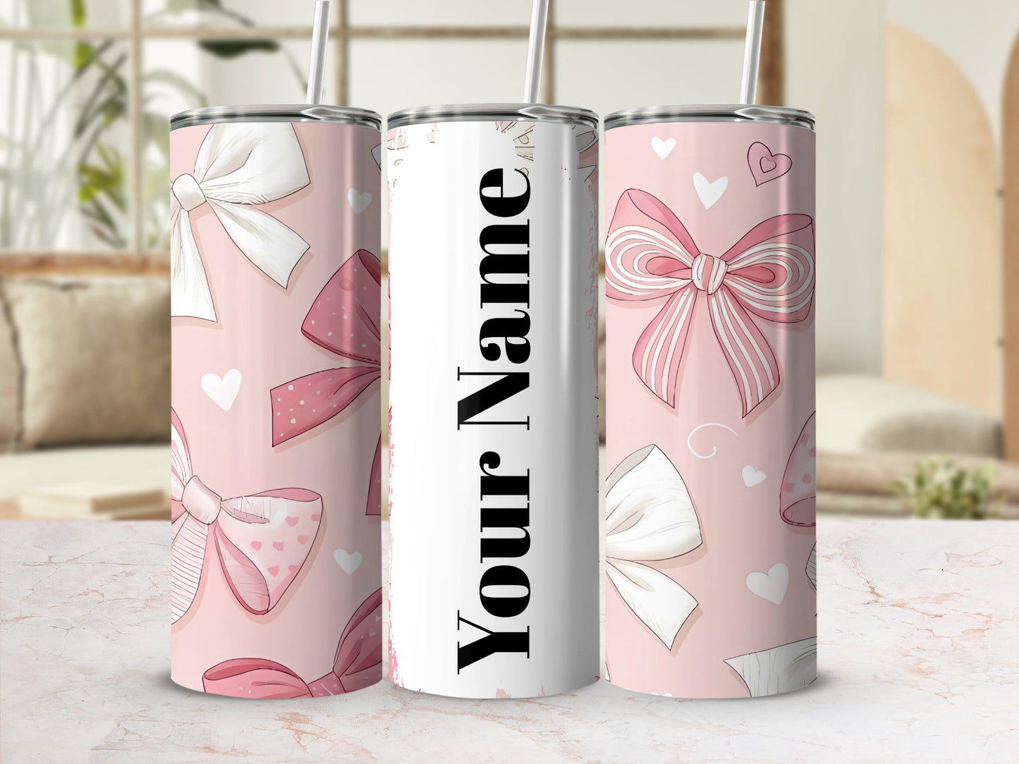 Personalized Pink Bows and Hearts Design Tumbler