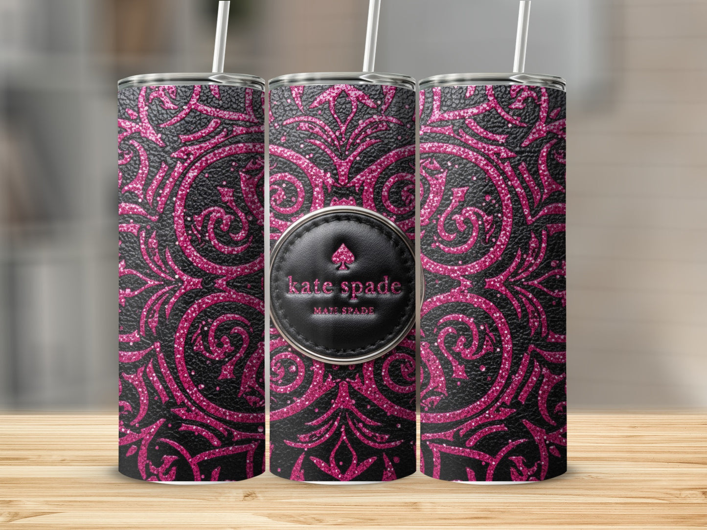 Inspired By Fabulous Kate Spade Main Spade Hot Pink Pattern on Black Tumblers