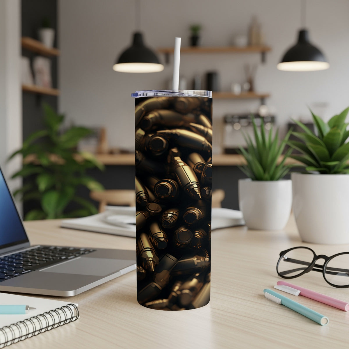 Tumbler with a close-up pattern of golden bullet casings and a white straw.