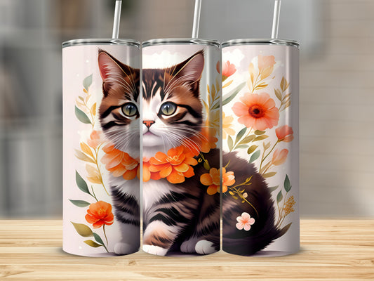 Cat with floral collar on a pastel background with blooming flowers.
