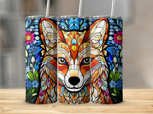 Stained glass fox design on three tumblers with straws.