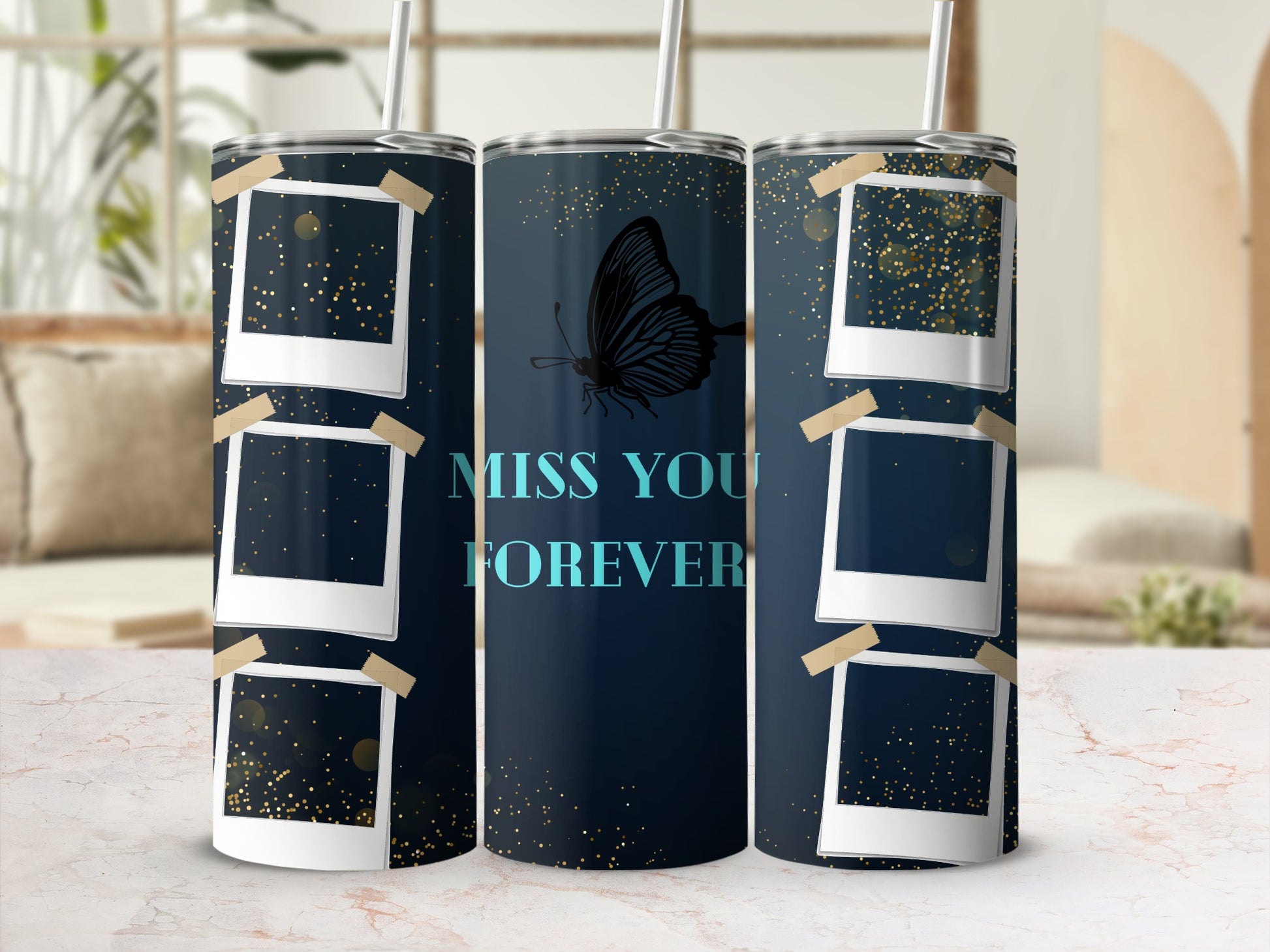 Tumblers with taped photos, gold glitter, and text "MISS YOU FOREVER".