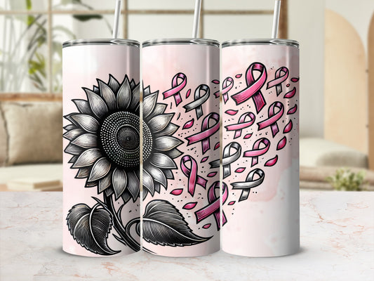 Sunflower and pink ribbons form a heart shape on three tumblers.