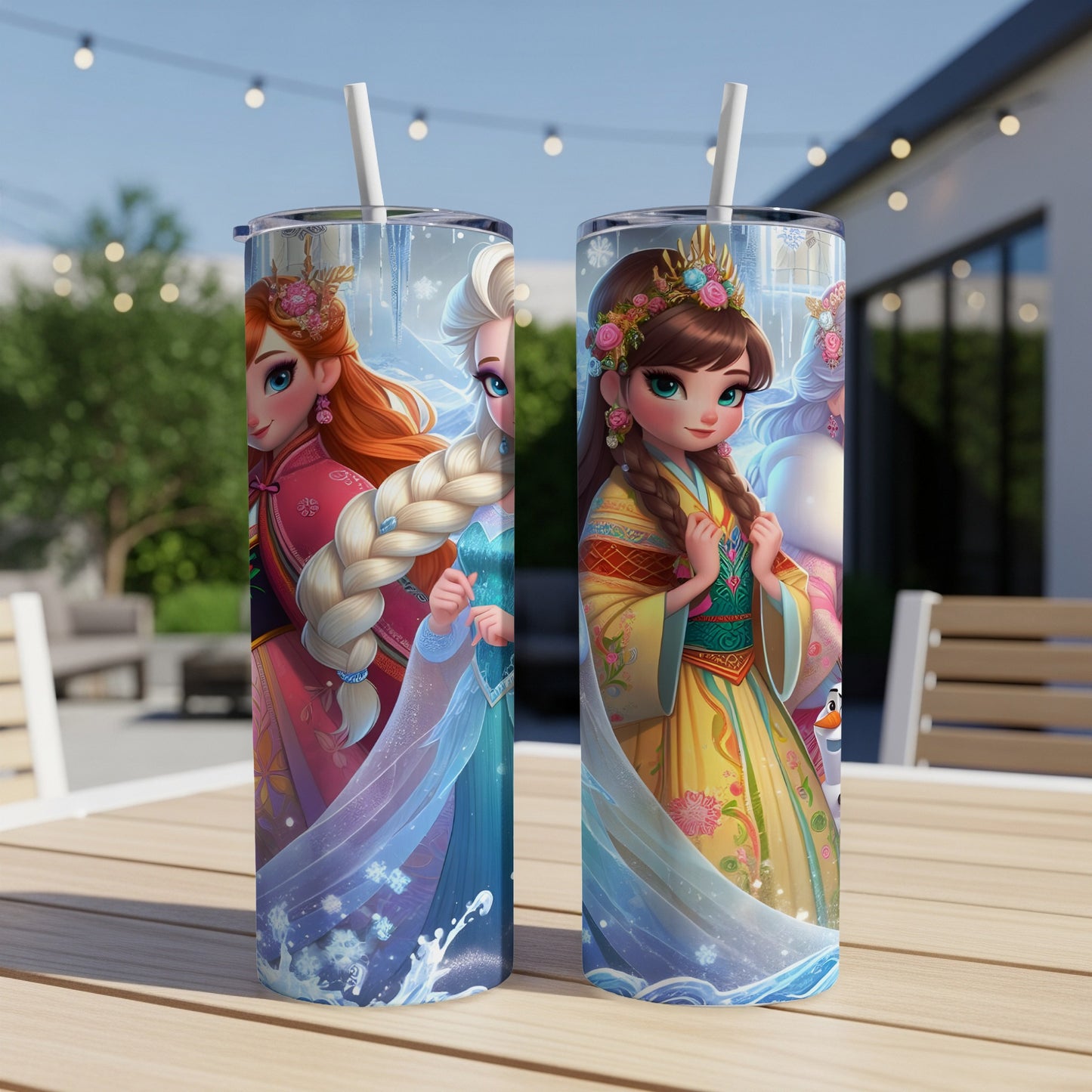 Two Frozen princesses, Elsa and Anna, in colorful dresses, on tumblers.