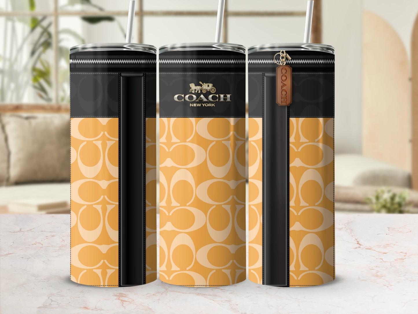 Coach New York Branded Yellow Patterned Tumbler