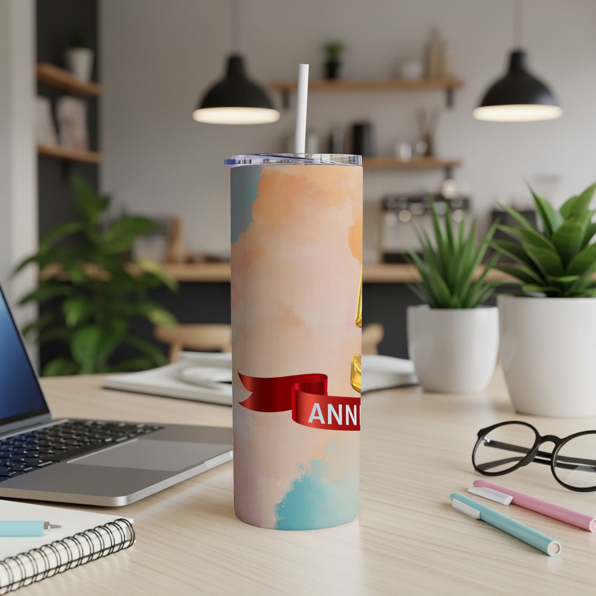 Gold '4' on watercolor tumbler with red ribbon saying "ANN".