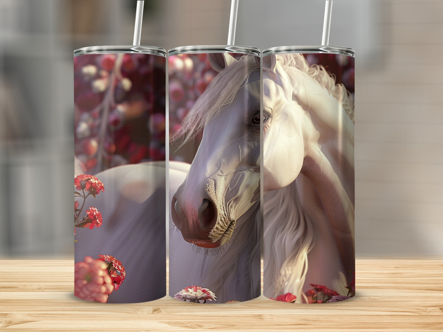 White horse with flowers on a tumbler.