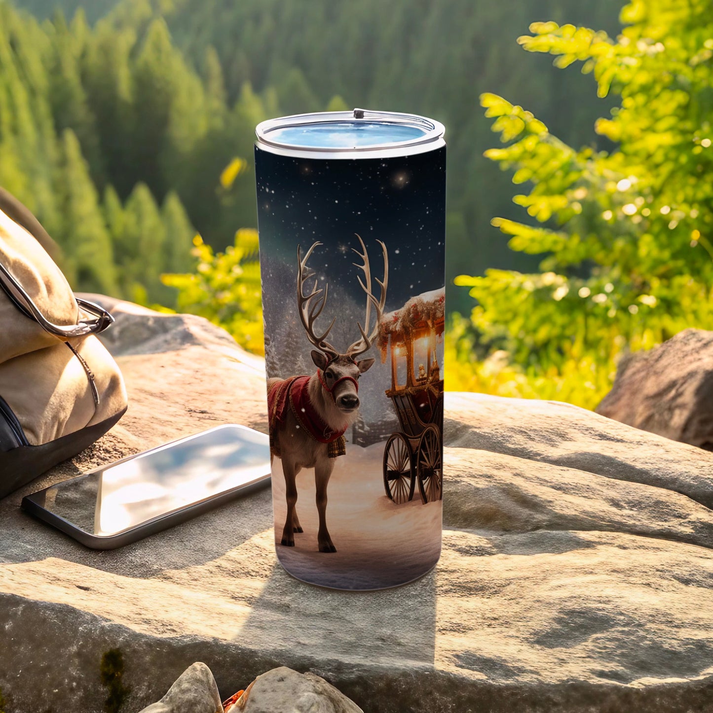 Christmas Reindeer and Sleigh Scenic Travel Tumbler