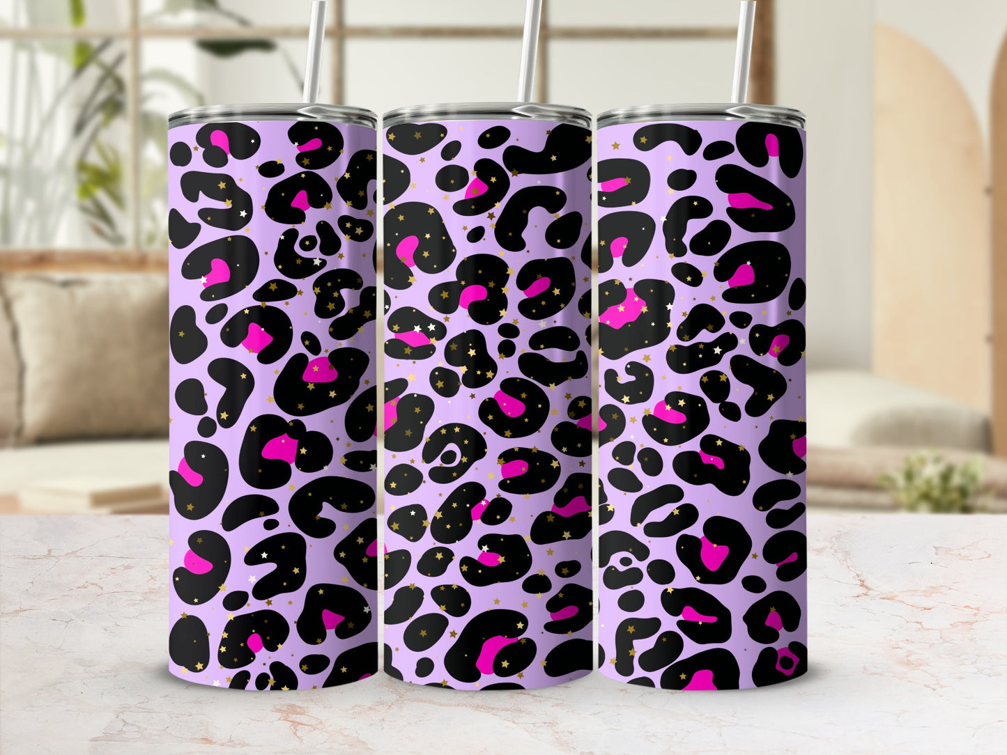 Purple Leopard Print Tumbler with Stars and Pink Accents