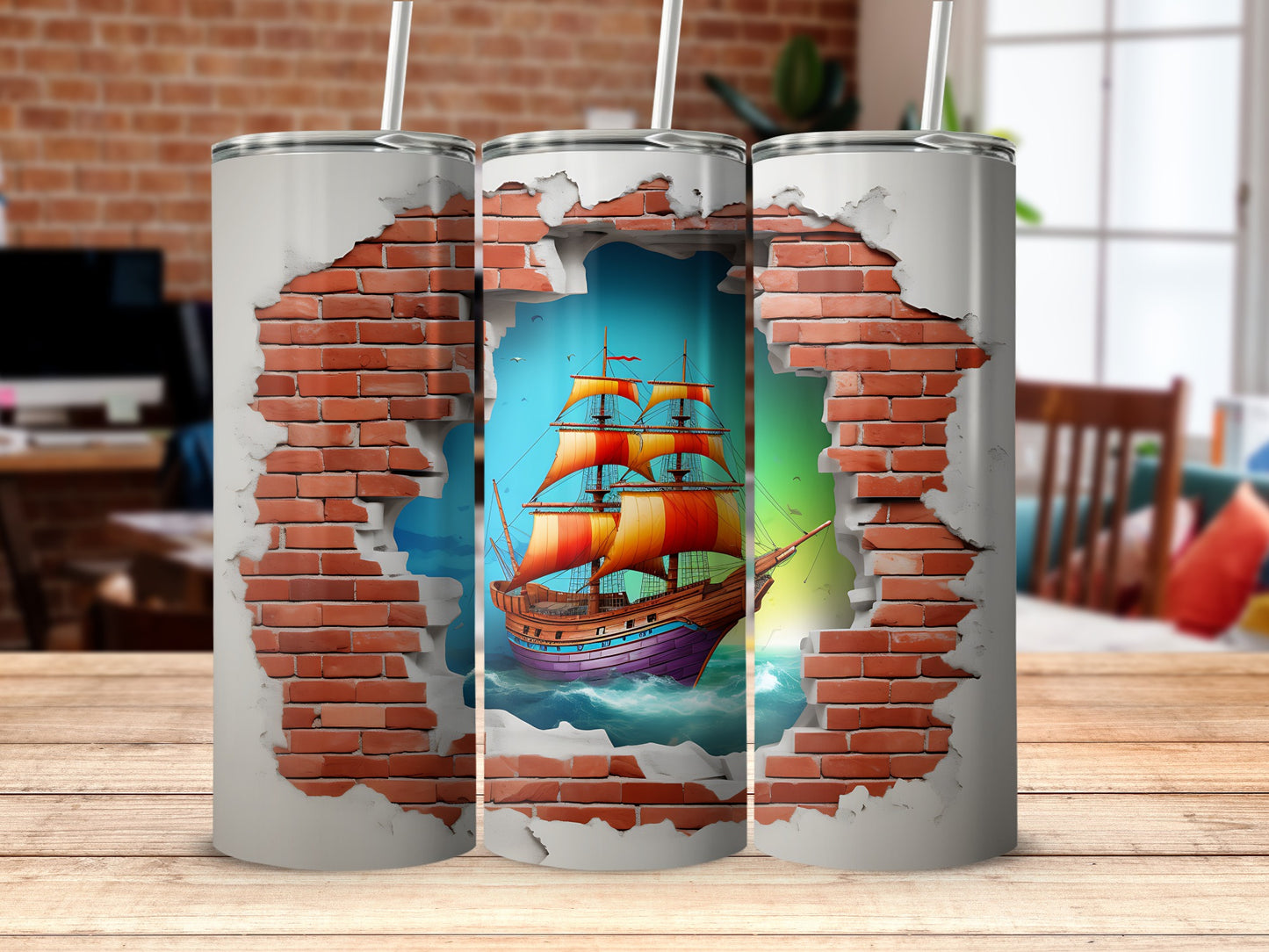 Brick Wall Breakthrough with Sailing Ship Tumbler