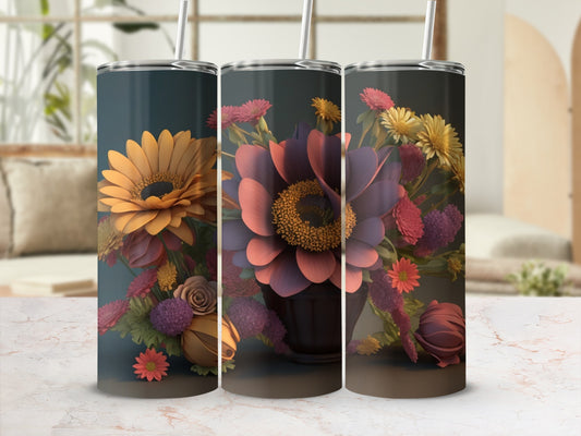 Floral tumbler with blooming daisies and rich purple flowers.