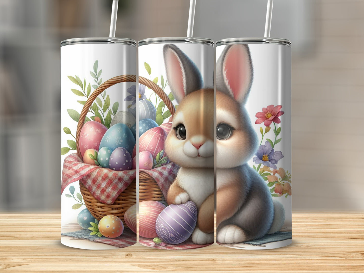 Easter bunny with colorful eggs in a basket, flanking a tumbler.