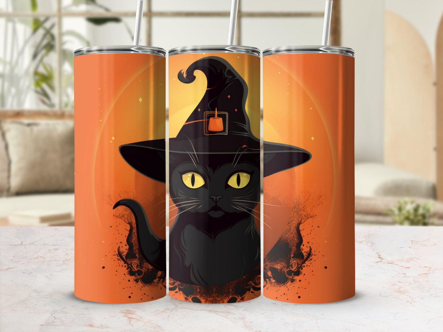 Halloween Black Cat Witch Hat Design Tumbler Flask