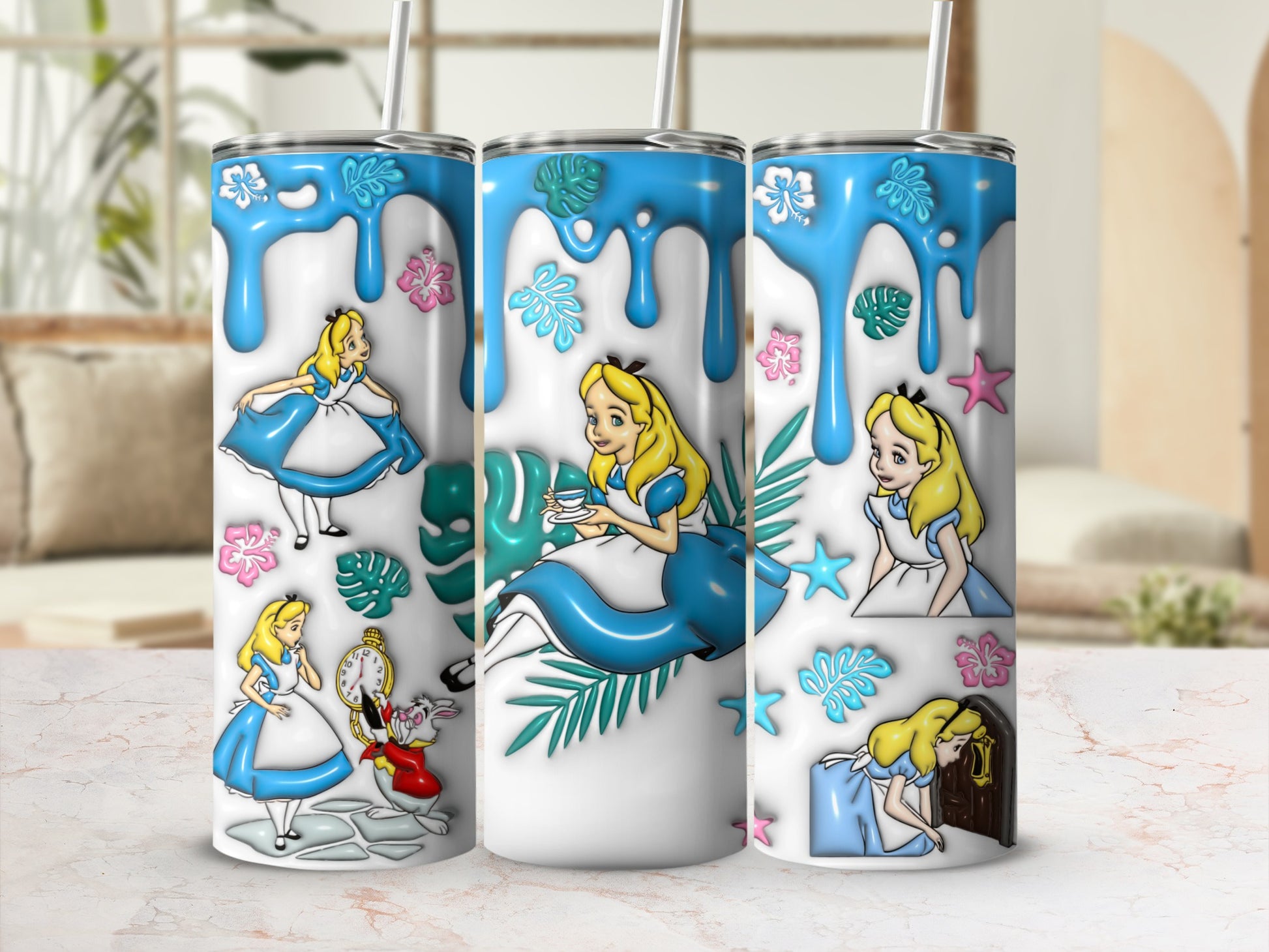 Alice in Wonderland characters and motifs on a blue dripping tumbler.