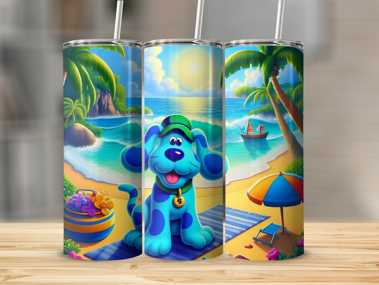 Tropical Beach Theme Blue Dog Illustration Tumbler