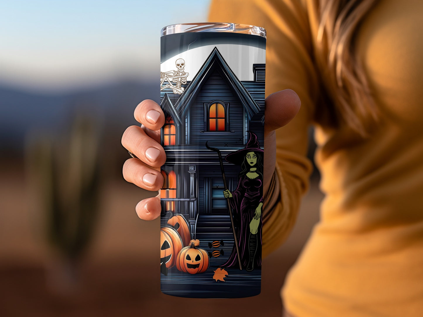 Spooky Witch Haunted House Design Tumbler Cup