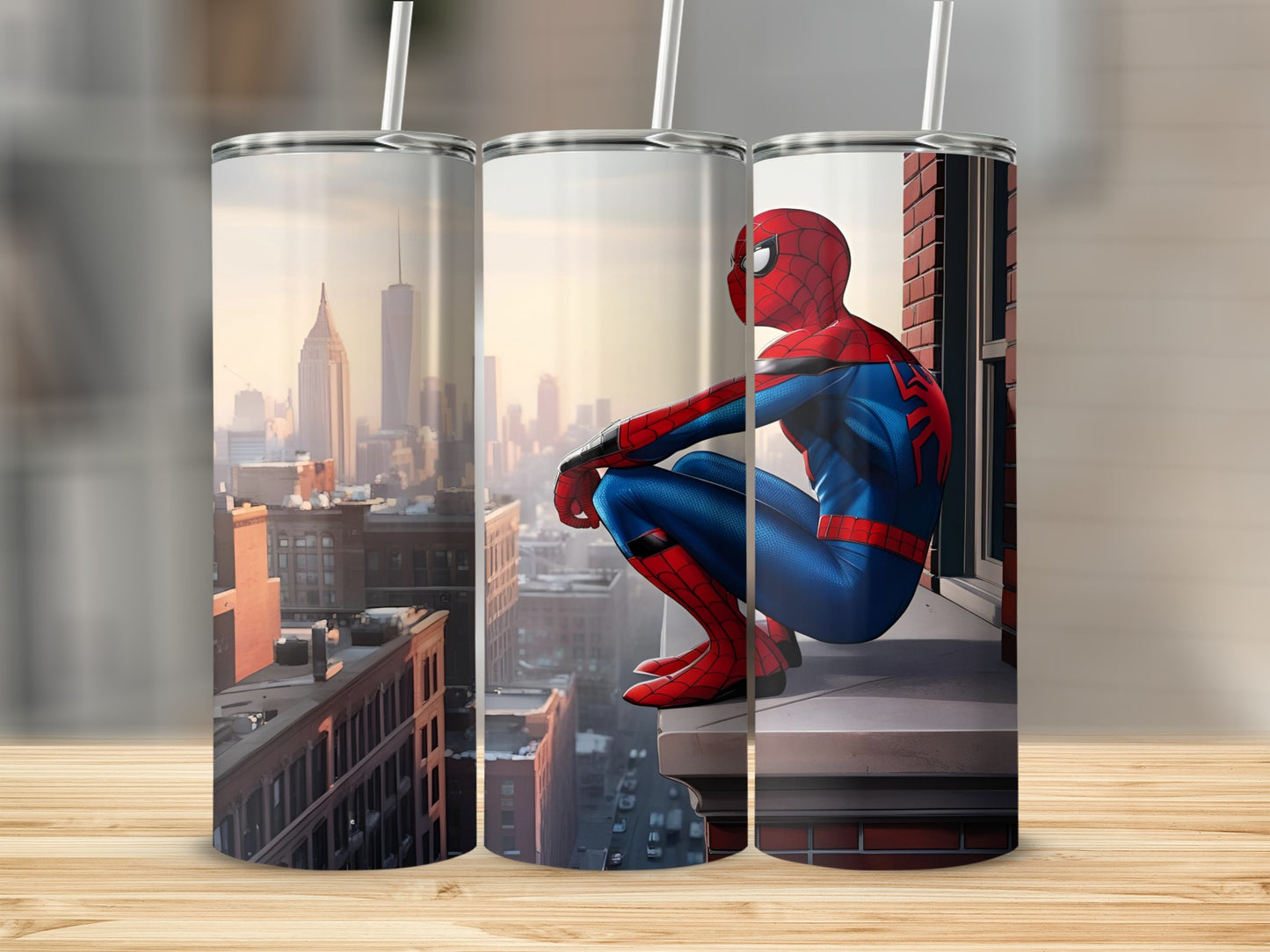 Spiderman sits on a rooftop overlooking a city skyline.