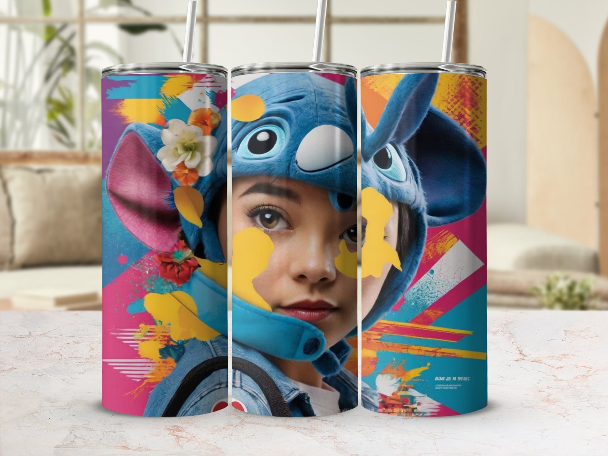 Stitch character design on a tumbler with colorful abstract background.