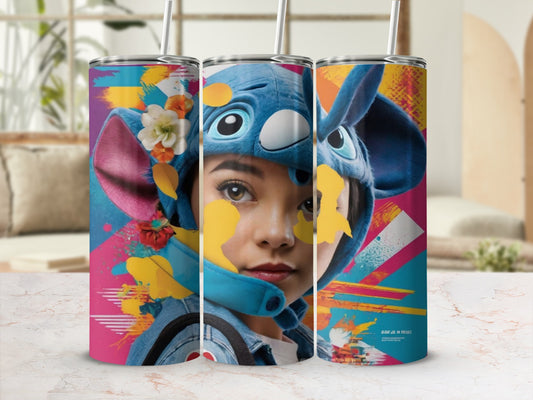 Stitch character design on a tumbler with colorful abstract background.
