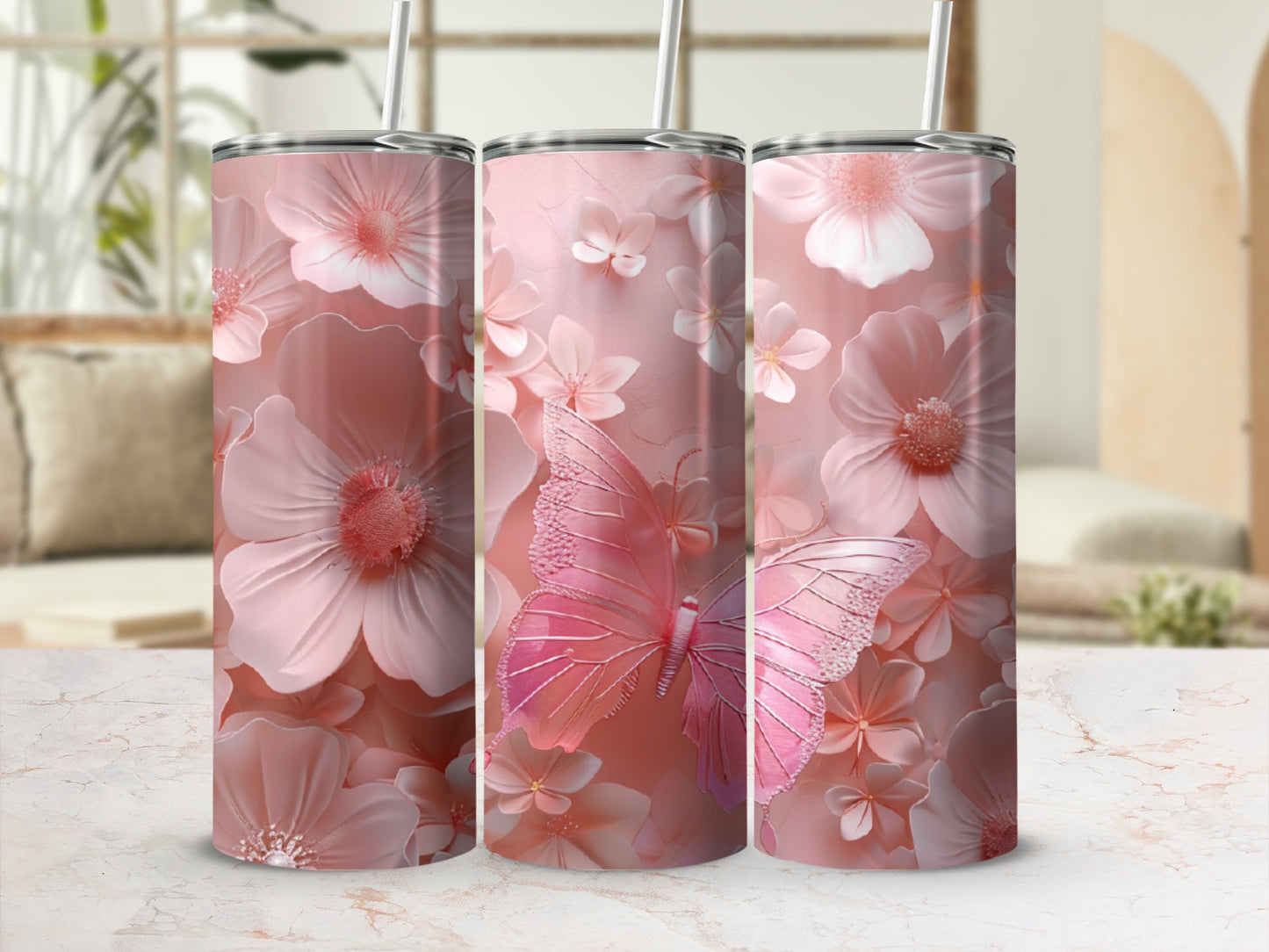 Pink butterfly among pink flowers on a tumbler.