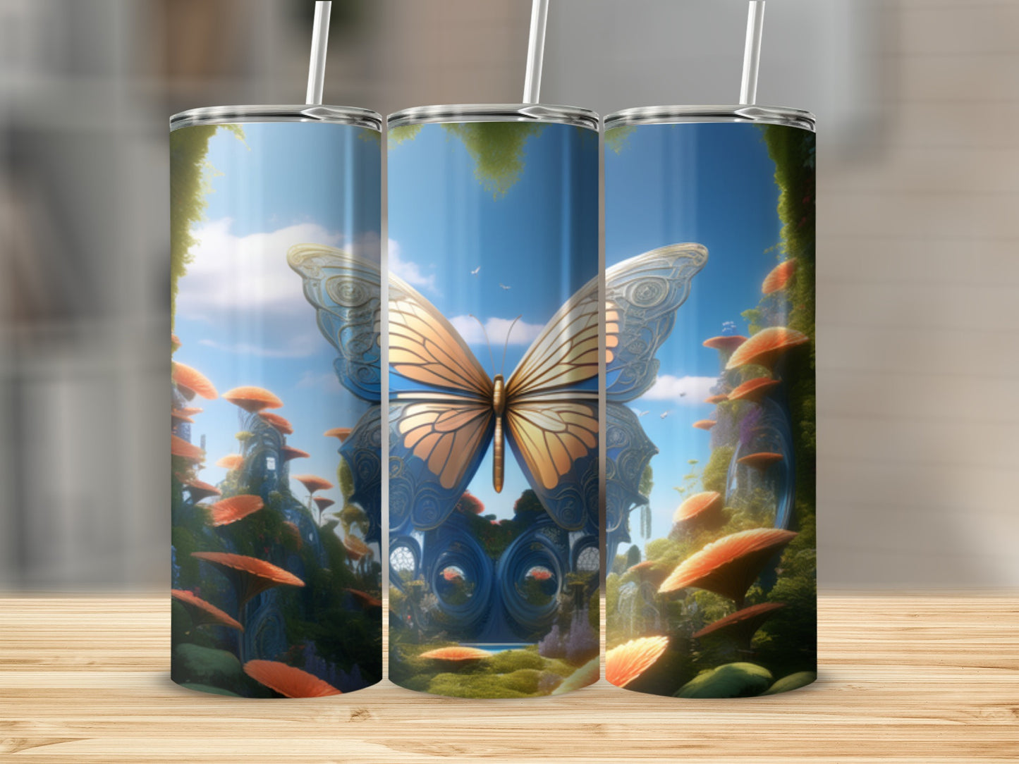 Tall tumbler with a golden butterfly and whimsical forest scene.