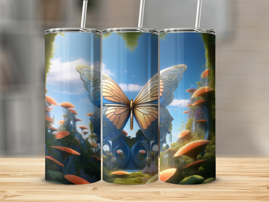 Tall tumbler with a golden butterfly and whimsical forest scene.
