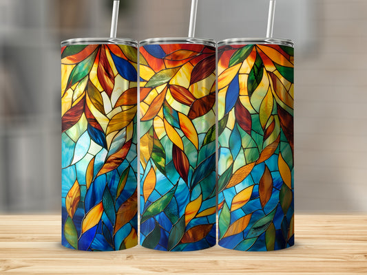 Three tumblers with stained glass leaf pattern.