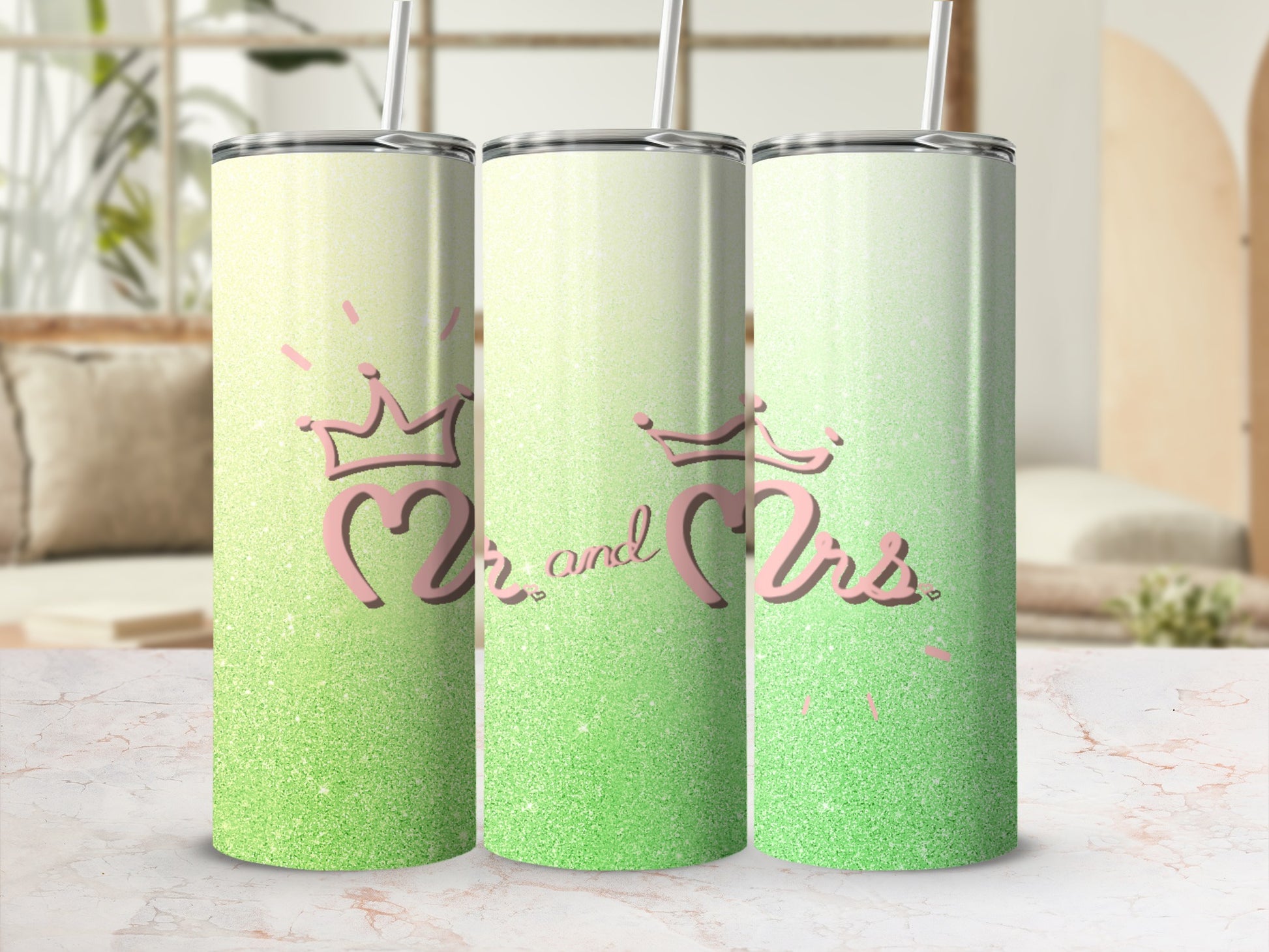 Two sparkling tumblers with "Mr and Mrs" and crown design.
