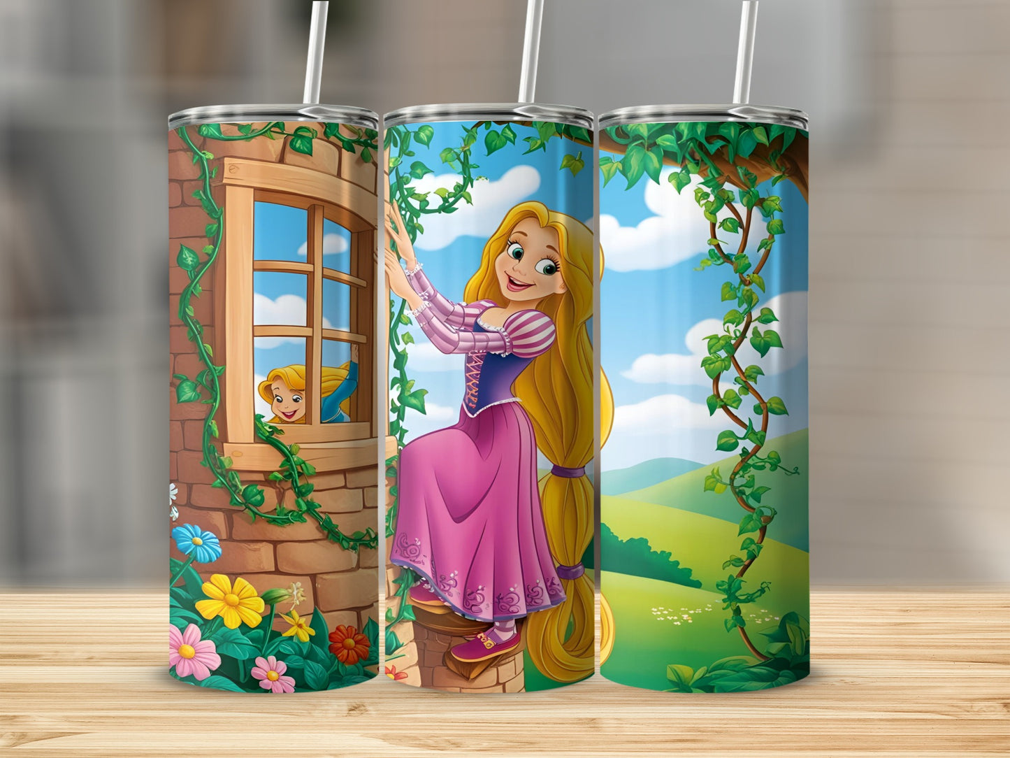 Rapunzel in pink dress climbs out of tower window, with green vines and flowers.