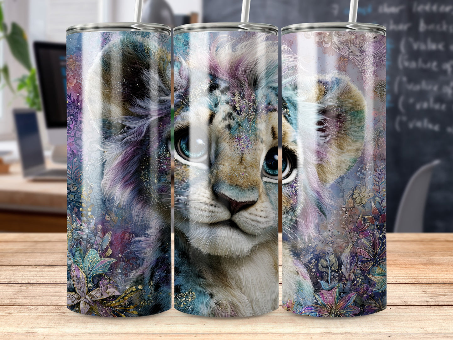 Colorful Lion Cub Floral Design Tumbler for Any Drink