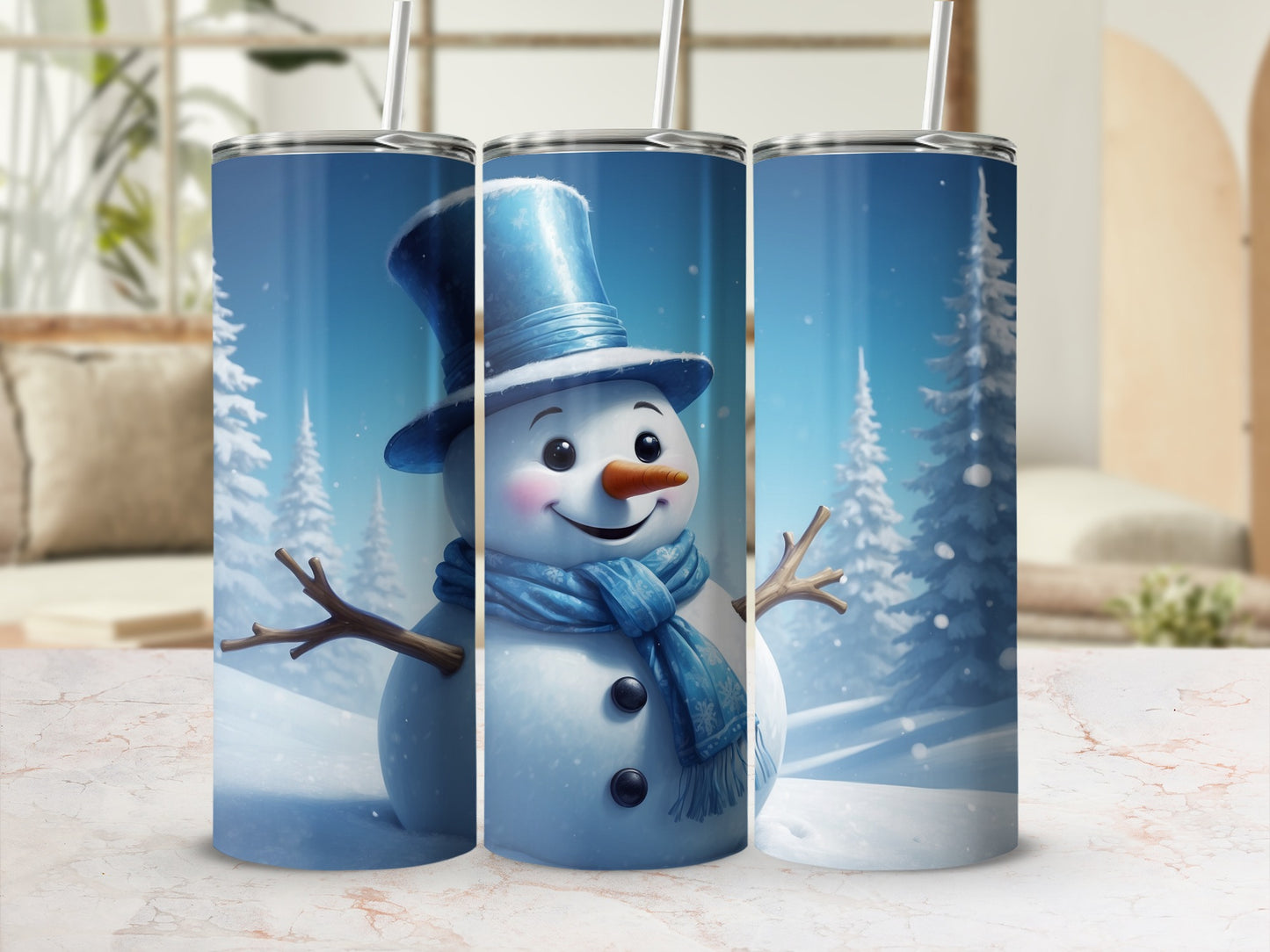 Three snowmen wearing blue hats and scarves in a winter scene.