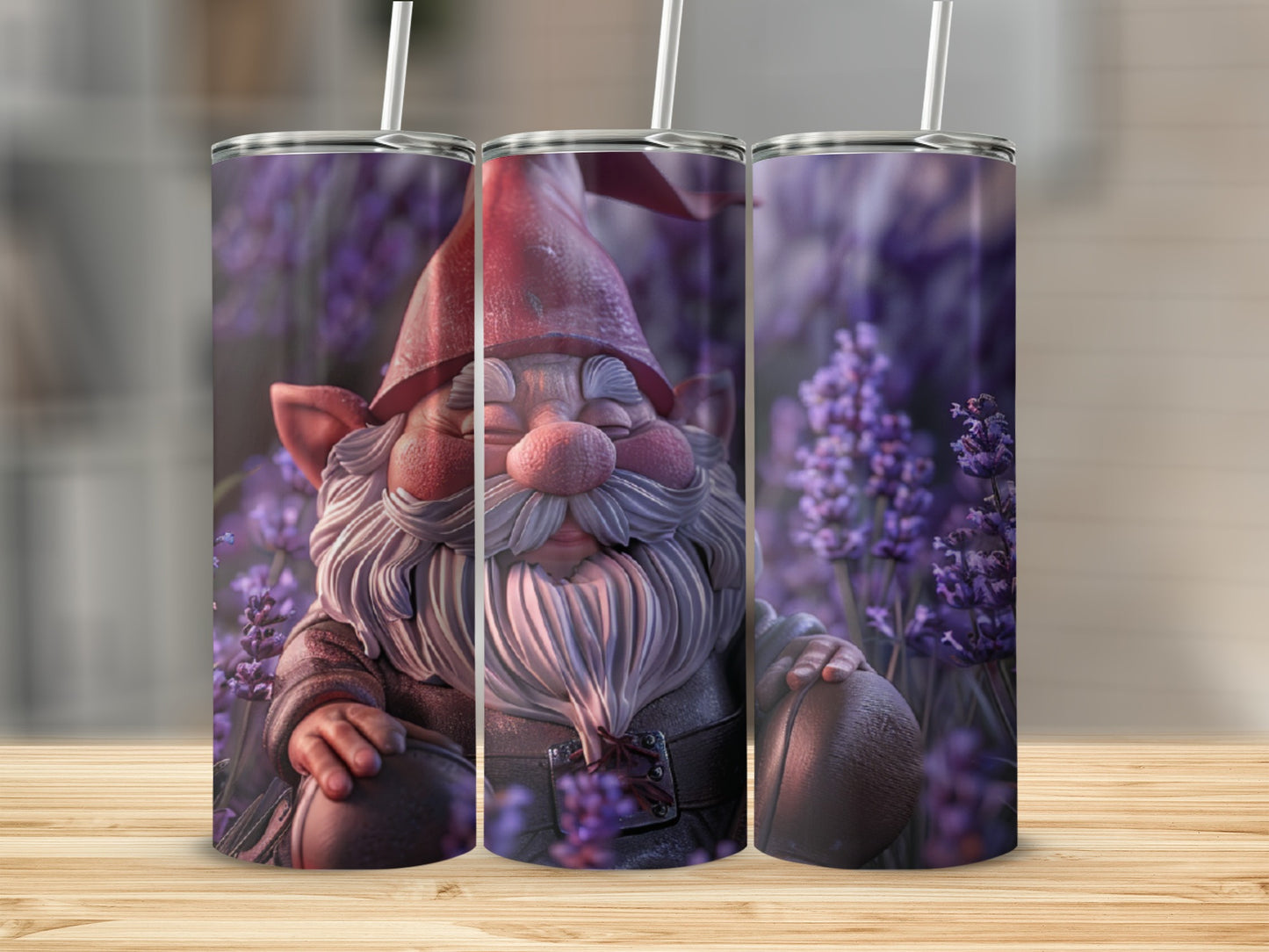 Gnome with a red hat sits in lavender field on a tumbler.