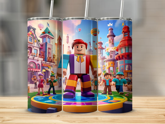 Roblox character in colorful outfit standing on circular platform in animated cityscape.