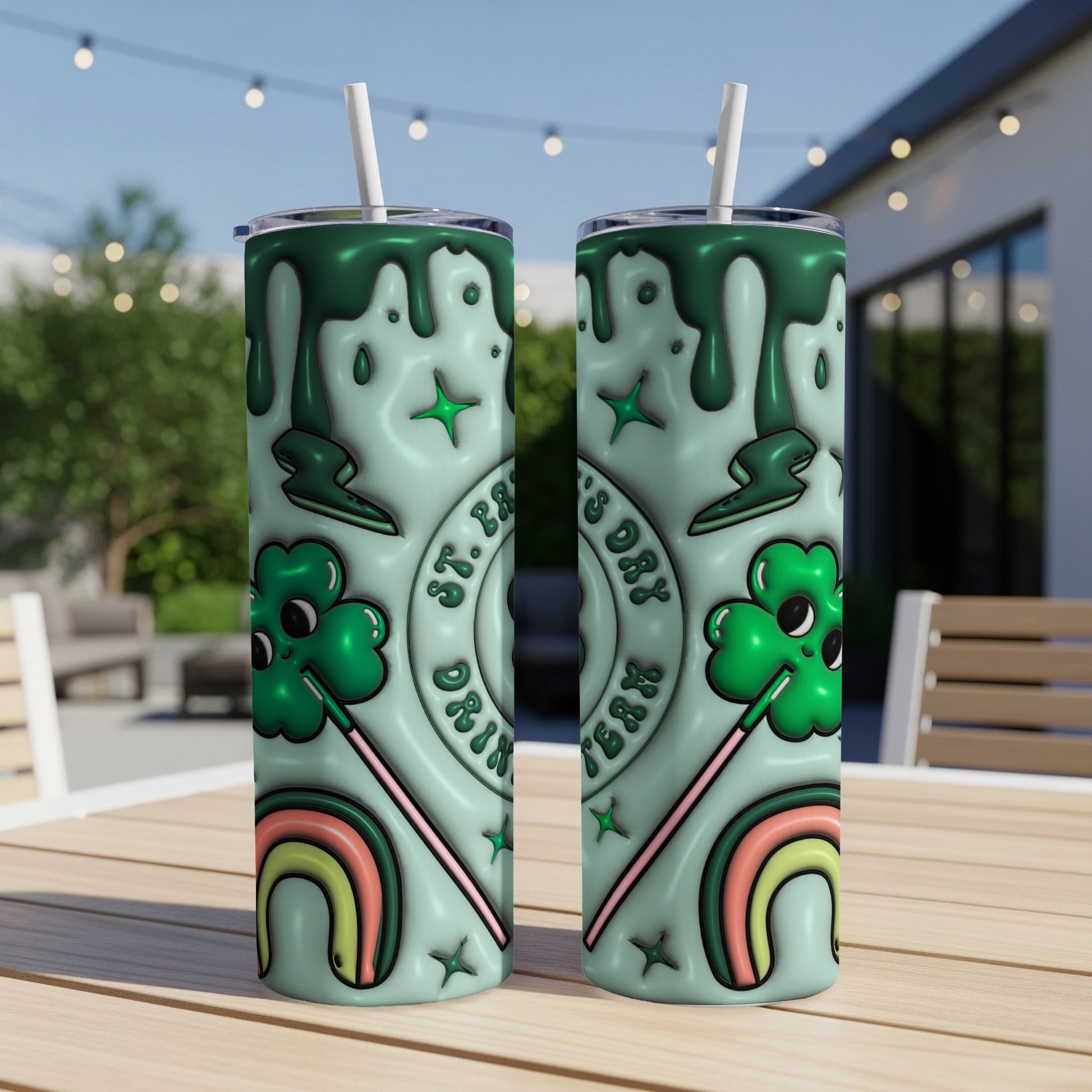 Green tumbler with shamrocks, rainbows, lightning bolts, and "Let's Get Lucky" text.